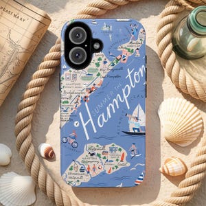 Étui pour iPhone carte d'été des Hamptons - Housse de protection de style côtier avec oeuvre d'art vintage Beach Town, ambiance voyage et design océan Atlantique