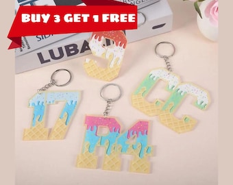 Personalized Ice Cream Letter Keychain, Custom Waffle Drip Acrylic Keyring for Kids Teens and Gifts, Cute Name Initial Bag Charm