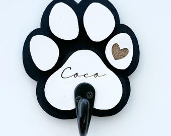 Custom Name Dog Leash Holder Wood Leash Hook For Dog Lover Personalised Engraved Dog Leash Organiser Paw Print Leash Holder Dog Gift Idea