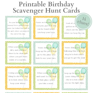 Tarjetas de búsqueda del tesoro de cumpleaños, búsqueda del tesoro, pistas de búsqueda del tesoro, imprimibles y personalizables