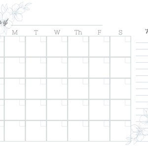 May include: A printable monthly calendar planner with a floral design. The calendar has a space for each day of the week, with a notes section on the right side.
