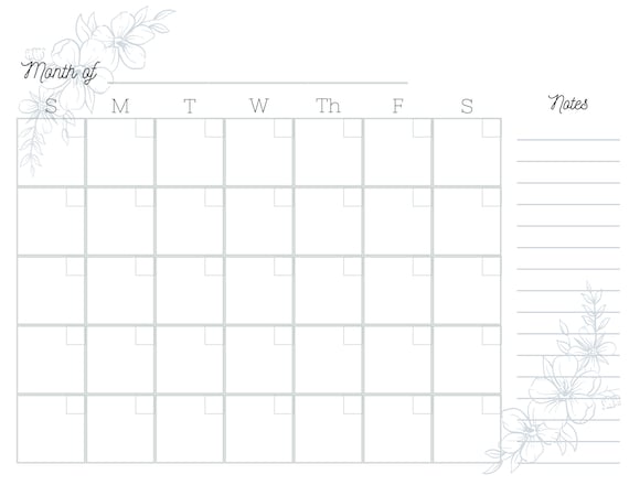 Blank Month Calendar Printable Etsy