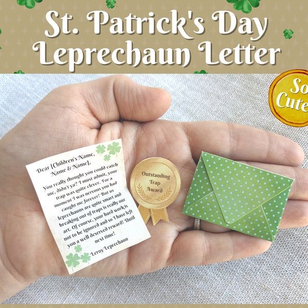 Miniature Customizable Leprechaun Letter, Envelope and Golden Trap Award - St Patrick's Day - Printable, Digital Download, Digital File