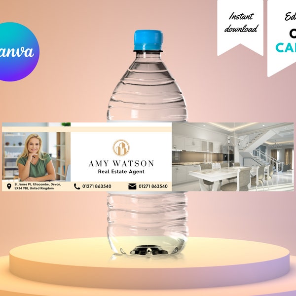 Real Estate Water Bottle Label, Bottle Label Template, Editable Bottle Label, Realtor Marketing, Canva Label Template