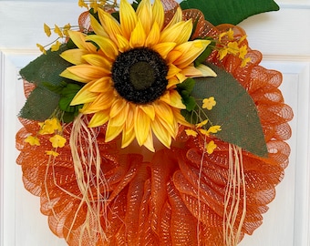 Handmade Fall Sunflower Wreath: Orange Deco Mesh, Rustic Decor