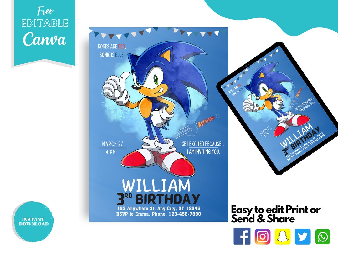 Sonic Invitation Sonic Birthday Invitation Sonic Party Etsy