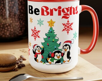 Christmas Mug - Merry and Bright - Be Merry - Be Bright - Penguin Mug - Snowflakes - Christmas Tree - Gift Idea