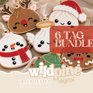 May include: A set of six wooden holiday ornaments featuring cartoon characters including a reindeer, a snowman, an angel, and a gingerbread person. The image includes the text 6 TAG BUNDLE and wildpine digital with file formats dxf, svg, ai, and eps.