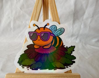 Bee Cool Vinyl Sticker or Magnet | Kawaii Bumblebee Flower Vinyl | Holographic Bug | 3 Inch Cottagecore | Nature Lover Gift