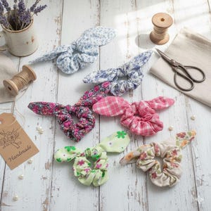 Set of 6 small, colorful scrunchies with vintage patterns, handmade from upcycled fabrics, an eco-friendly and stylish gift idea for children