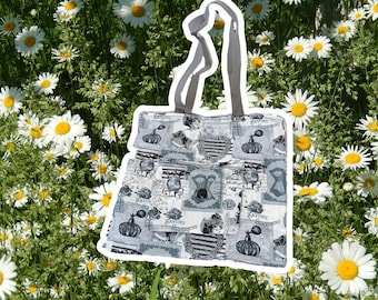 Tote-bag noir et blanc rétro avec pochette de rangement intégrée, fait-main