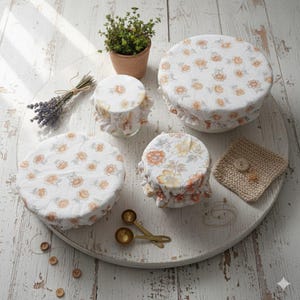 Lot de 4 Charlottess Alimentaires Fait-main en Tissu Upcyclé – Blanc à Fleurs Vintage, Idée Cadeau Cuisine Écologique