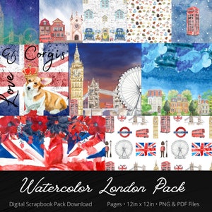 London Watercolor Digital Scrapbook Paper Pack