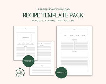 May include: A digital recipe template pack with two versions, A4 size, and a printable PDF. The design includes Version 1 and Version 2 templates, with space for ingredients, directions, and notes. The text on the image reads "RECIPE TEMPLATE PACK".