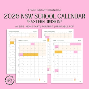 May include: A four-page printable 2026 NSW School Calendar, Eastern Division, in portrait format. The calendar features a pink background with the text "2026 NSW SCHOOL CALENDAR" and "EASTERN DIVISION+". Each page displays a different term with highlighted dates.