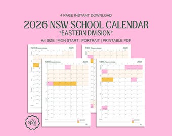 Calendario escolar 2026 de Nueva Gales del Sur *División Este*: Planificador trimestral para estudiantes, docentes y padres (A4, vertical, PDF imprimible)