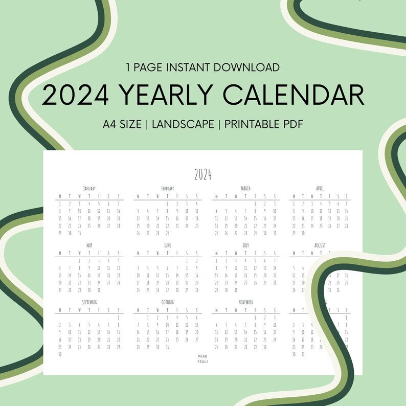 2024 Yearly Calendar Simple Yearly Calendar Landscape 2024 Printable