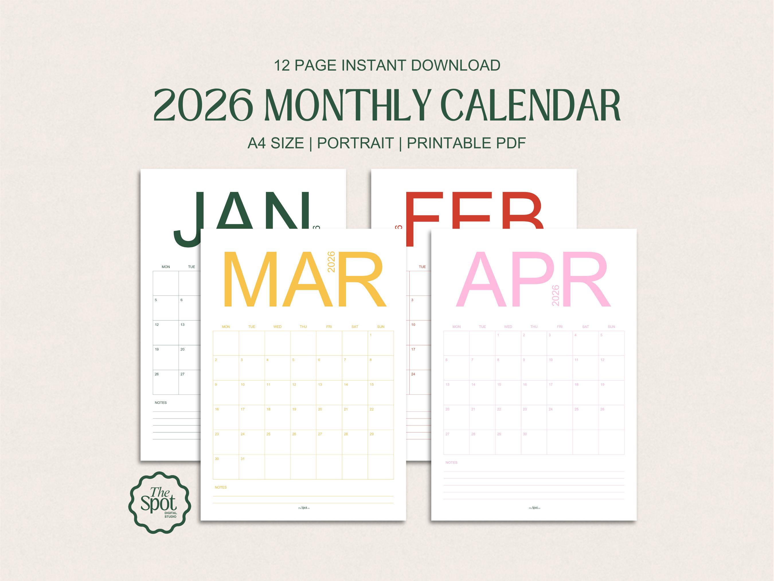 2026 Monthly Calendar: Bold A4 Printable Planner (PDF Download) - Etsy