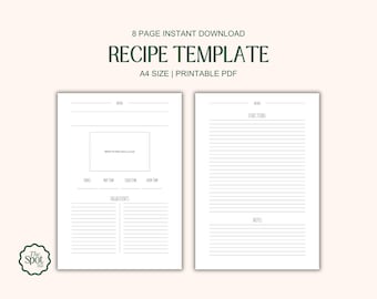 Könnte beinhalten: Druckbare Rezeptvorlage im A4-Format. Das Design zeigt zwei Seiten mit Abschnitten für Zutaten, Anweisungen, Notizen und ein Foto. Der Text enthält "8 PAGE INSTANT DOWNLOAD" und "RECIPE TEMPLATE". Das Logo "The Spot" befindet sich unten links.