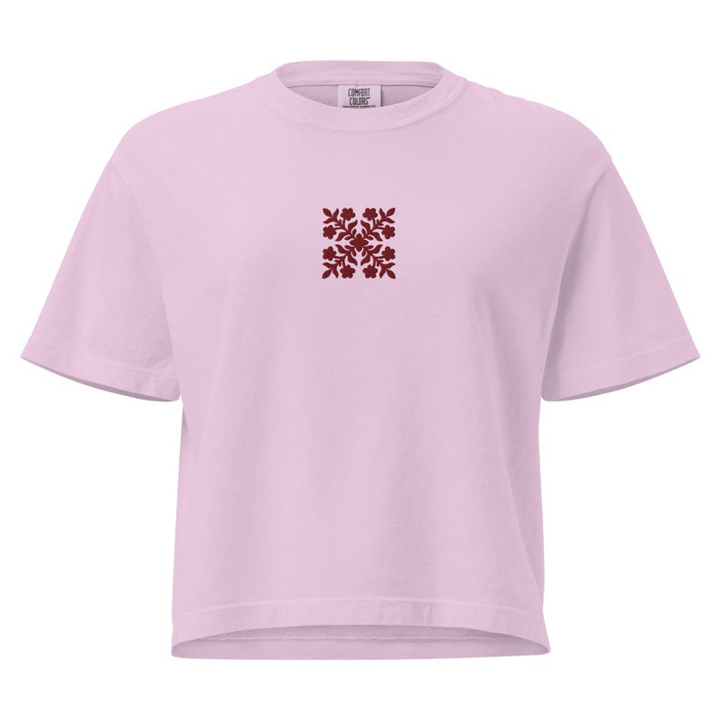 Embroidered Hawaiian Red Flower Quilt Boxy Tee – Premium Cotton by Bits of Aloha