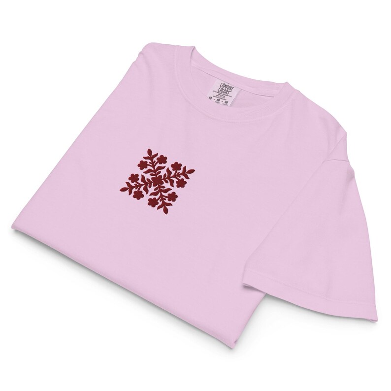 Embroidered Hawaiian Red Flower Quilt Boxy Tee – Premium Cotton by Bits of Aloha