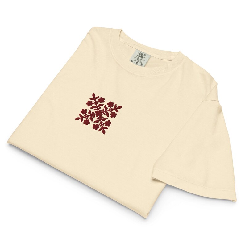 Embroidered Hawaiian Red Flower Quilt Boxy Tee – Premium Cotton by Bits of Aloha