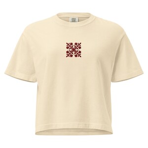 Embroidered Hawaiian Red Flower Quilt Boxy Tee – Premium Cotton by Bits of Aloha