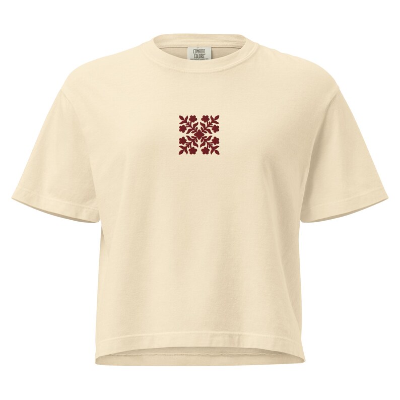 Embroidered Hawaiian Red Flower Quilt Boxy Tee – Premium Cotton by Bits of Aloha