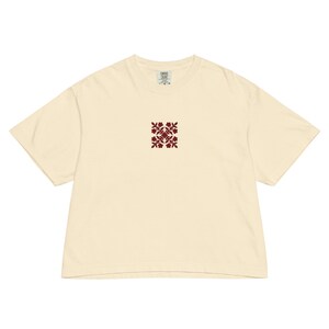 Embroidered Hawaiian Red Flower Quilt Boxy Tee – Premium Cotton by Bits of Aloha
