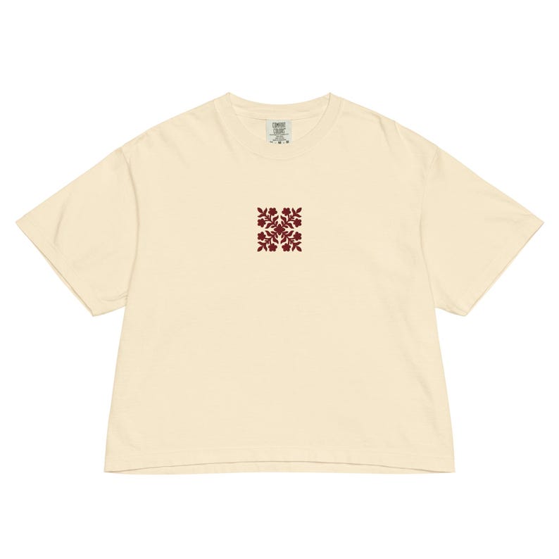 Embroidered Hawaiian Red Flower Quilt Boxy Tee – Premium Cotton by Bits of Aloha