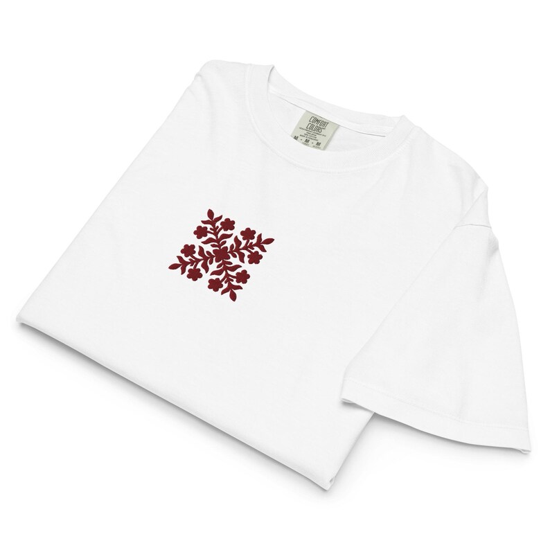 Embroidered Hawaiian Red Flower Quilt Boxy Tee – Premium Cotton by Bits of Aloha