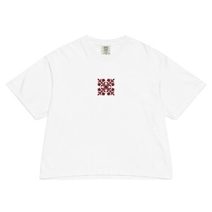 Embroidered Hawaiian Red Flower Quilt Boxy Tee – Premium Cotton by Bits of Aloha