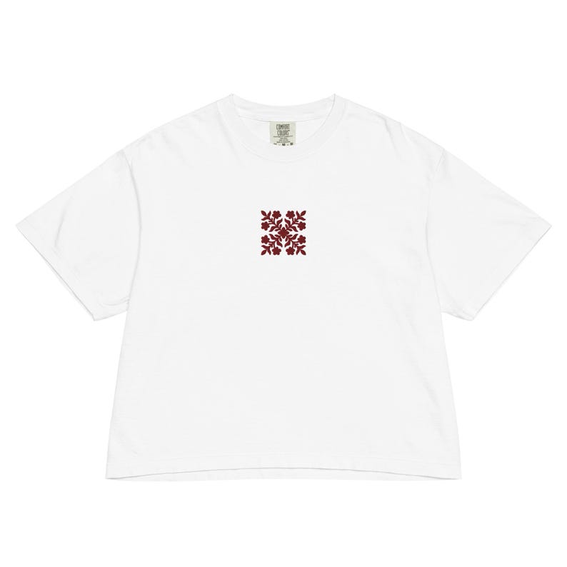 Embroidered Hawaiian Red Flower Quilt Boxy Tee – Premium Cotton by Bits of Aloha