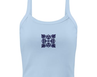 Royal Blue Hawaiian Quilt Embroidered Rib Tank Top