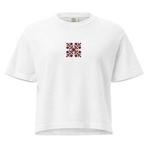 Embroidered Hawaiian Red Flower Quilt Boxy Tee – Premium Cotton by Bits of Aloha