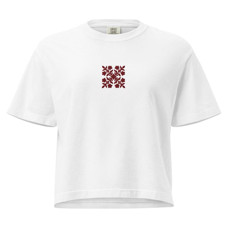 Embroidered Hawaiian Red Flower Quilt Boxy Tee – Premium Cotton by Bits of Aloha