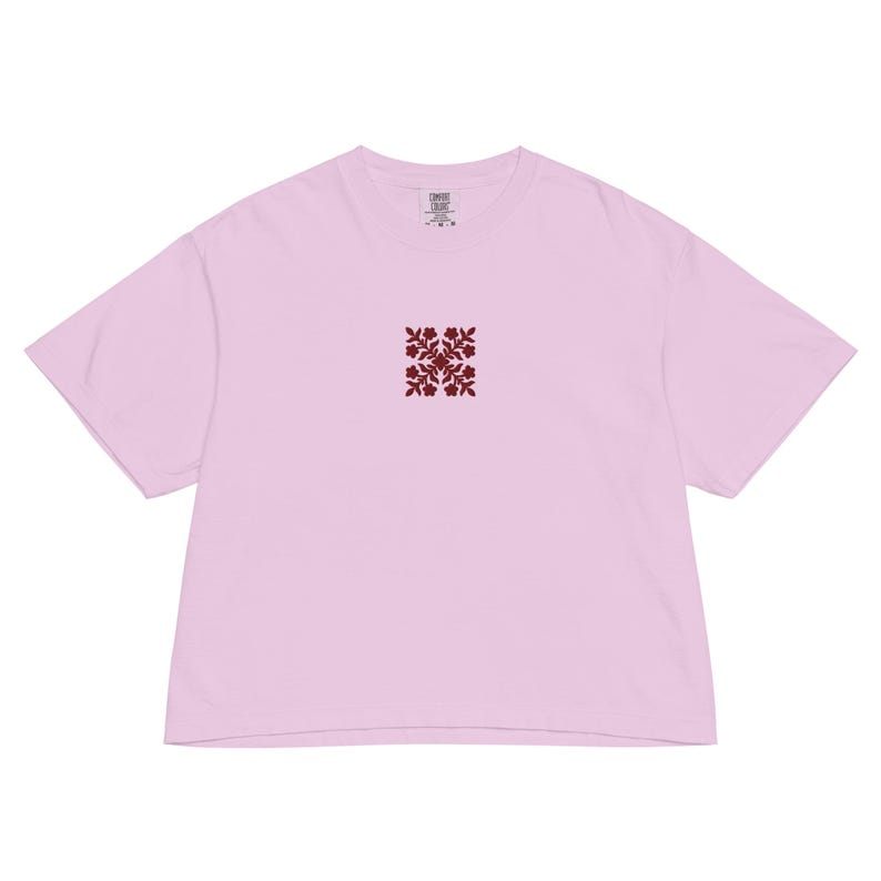 Embroidered Hawaiian Red Flower Quilt Boxy Tee – Premium Cotton by Bits of Aloha