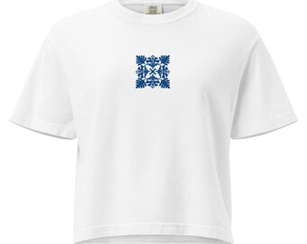 Royal Blue Hawaiian Quilt Embroidered Boxy T-Shirt