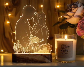 Aangepaste lijnkunstfotolamp, gepersonaliseerd 3D-nachtlampje, ideaal cadeau voor koppels, vier de liefde met unieke huwelijks- en jubileumcadeaus