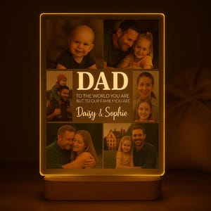 Custom LED Photo Night Light for Dad – Personalized Acrylic Picture Frame with Wood Base – Birthday Gift from Kids, Memory Keepsake Sign
