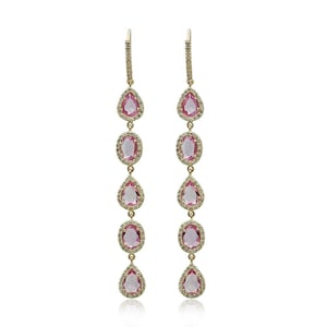 Natural Pink Sapphire Dangle Drop Earrings, Solid 14K Gold Drop Earrings, Pave Diamond Earrings, Bridal Jewelry, Pink Sapphire Drop Earrings