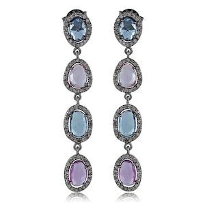 Multi Sapphire Dangle Drop Earrings, 925 Silver Diamond Dangle Earrings, Multi Color Sapphire Earrings, Elegant Earrings, Women Gift Jewelry