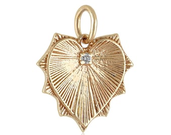 Solid 14k Yellow Gold Fluted Heart Charm, Natural Diamond Heart Pendant, Dainty 15 MM Heart Charm, Designer Heart Charm, Love Gift Jewelry
