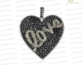 Black Spinel Initial Heart Pendant, Solid 925 Sterling Silver Pendant, Pave Diamond Heart Pendant, Personalized Pendant, Custom Jewelry