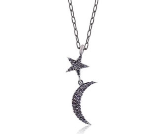 Collana Luna E Stelle In Argento Sterling S925 Con Zirconia - Regolabile, Regalo Donna
