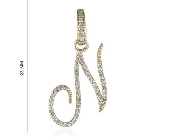 Collar con colgante inicial N de oro de 14 quilates y diamantes: dije con letra cursiva, joyería personalizada