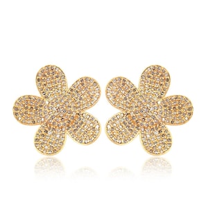 Solid 14K Yellow Gold Floral Stud Earrings, Pave Diamond Floral Studs, Gold Diamond Floral Earrings, Wedding Gift, Bridal Gift, Gift Jewelry