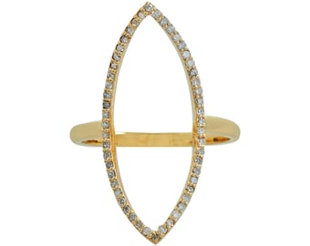 14k Yellow Gold Pave Diamond Ring: Handmade Open Elongated Design