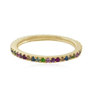 Multi Sapphire Eternity Band Ring, 14K Yellow Gold Eternity Ring, Rainbow Sapphire Ring, Anniversary Gifts, Birthday Gifts, Multi Color Ring