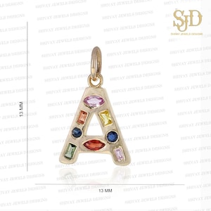 Solid 14K Yellow Gold Initial A Charm, Multi Sapphire Letter Pendant, Gemstone Initial Pendant, Tiny Initial A Pendant, Personalized Gifts